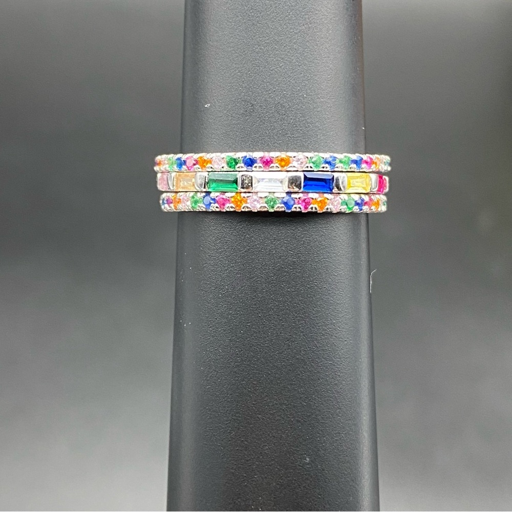 .925 Sterling Silver Multicolor Gemstone Eternity Band Rings - Picture 4 of 6